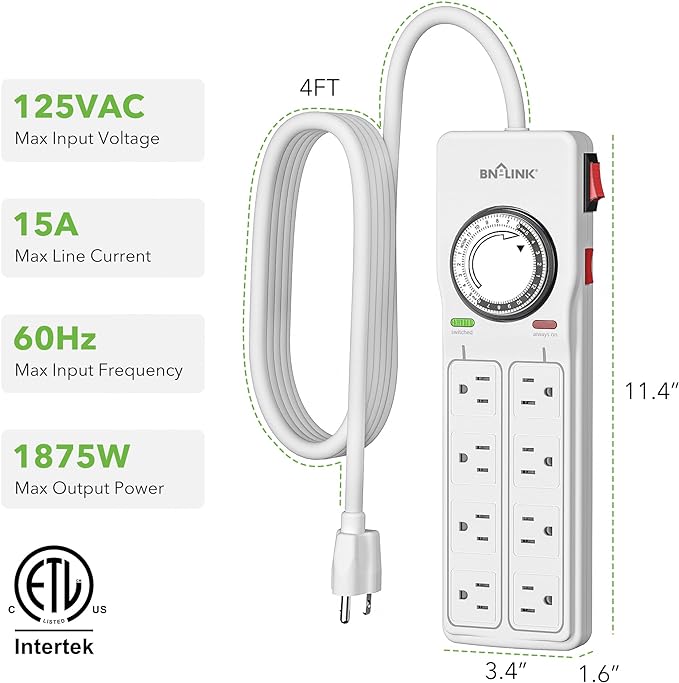 BN-LINK 8 Outlet Surge Protector with Mechanical Timer (4 Outlets Timed, 4 Outlets Always On) - White