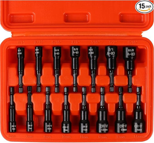 HORUSDY 15-Piece Magnetic Nut Driver Set with Storage Case, Wide Size Range SAE & Metric Impact Hex Drill Bit Kit with 1/4" Quick-Change, for Mechanics, DIY, Home & Automotive Projects