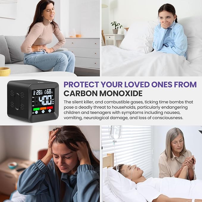 Plug-in 4-in-1 Gas & CO Detector with Temp/Humidity - Natural Gas, Propane & Methane Detector for Home, RV & Apartments (1, Black-Bleep Edition)