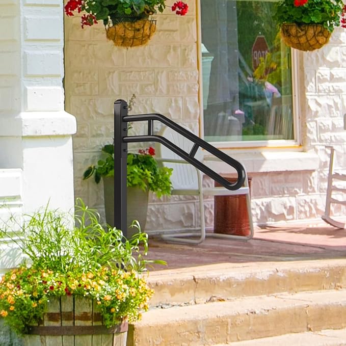Single Post Handrail for Outdoor 1-3 Steps, Metal Bent Stair Handrails, Floor Mounted Wrought Iron Stair Railing, Sturdy U-Shaped Post Grab Rails with 2 Anti-Skid Crossbar for Garage, 32" L x 35.8" H