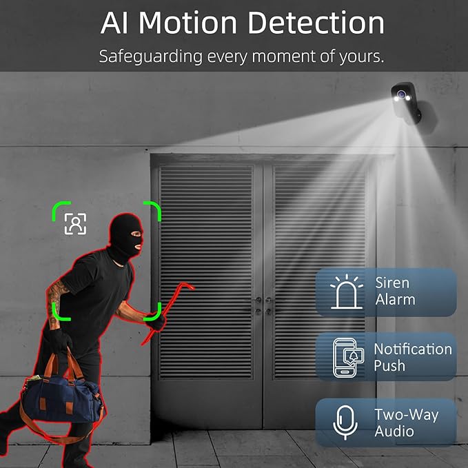 Rraycom 3Pack Security Cameras Wireless Outdoor, 5MP Battery Powered Indoor Camera, 130° FOV, Full-Color Night Vision, Spotlight Siren Alarm, 2-Way Audio, Cloud/SD, w/Alexa