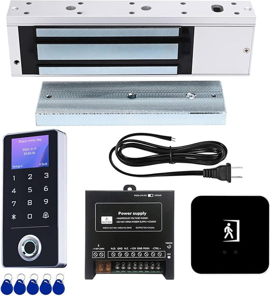 Door Access Control System Kit - Fingerprint, RFID Card, and Password Entry, 1200LB Magnetic Lock, Infrared Wireless Switch, Waterproof Door Access Controller with LCD Screen Display