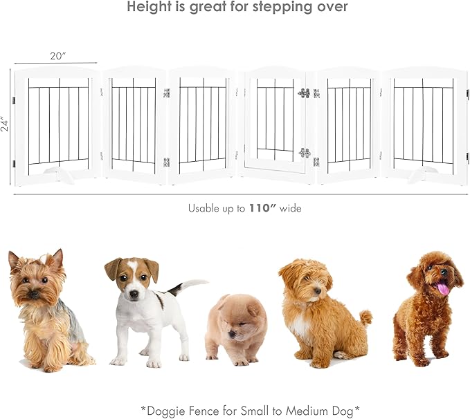 PAWLAND Dog Gate Indoor with Walk Through Door, Foldable Free Standing Pet Gate for Doorways, Stairs, The Houes, Pet Puppy Safety Fence, 120 in Extra Wide, 6 Panels, Support Feet Included, White