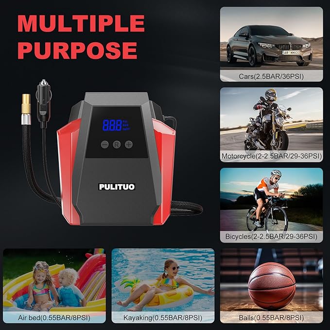 PULITUO Tire Inflator Portable Air Compressor - Car Accessories 12V DC Air Pump for Car Tires with Digital Pressure Gauge, Emergency LED Light for Wheel,Bike, Ball, Motor