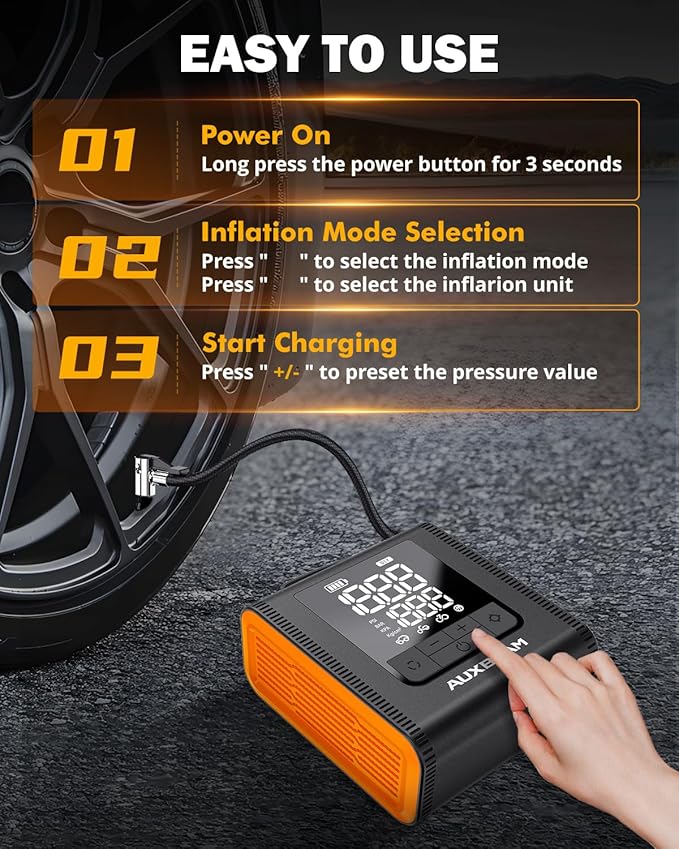 AUXBEAM H4Pro Tire Inflator Portable Air Compressor,150PSI 2 in 1 Rechargeable 5200mAh Car Tire Inflator Portable 4 Preset Inflation Modes 12V Air Pump With LCD Screen for Car, Motorcycle, Bike, Ball