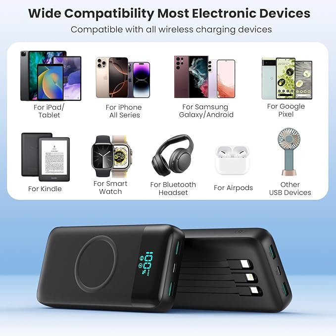 Wireless Portable Charger 40800mAh with 3 Built-in Cables,7-in-1 15W Wireless Charging Power Bank,25W PD QC 4.0 Fast Charging USB C LCD Display Battery Pack for iPhone 16/15/13/12,Samsung,Android etc