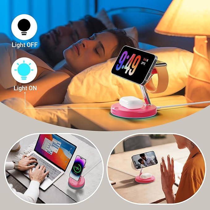 3 in 1 Charging Station Compatible with Mag-Safe Charger Wireless Charger Stand for iPhone 16 15 14 13 12 Series Wireless Charging Station for AirPods Wireless Charging Stand for iWatch Series (Red)