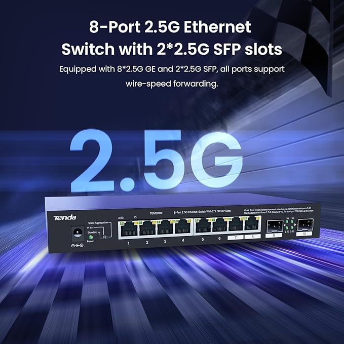 Tenda TEM2010F, 8 Port 2.5G Ethernet Switch Support NAS 5G Transmission, Unmanaged 2.5G Switch with 8 x 2.5G Ports, 2 x 2.5G SFP Slots, 50Gbps Switching Capacity, Fanless, Limited Lifetime Protection