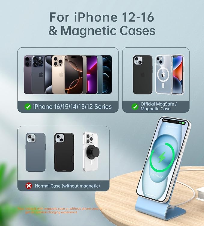 Magnetic Wireless Charger with Aluminum Charging Pad Stand Compatible with iPhone 16/15/14/13/12 Series，20W PD Charger&5ft Cable Included, Blue