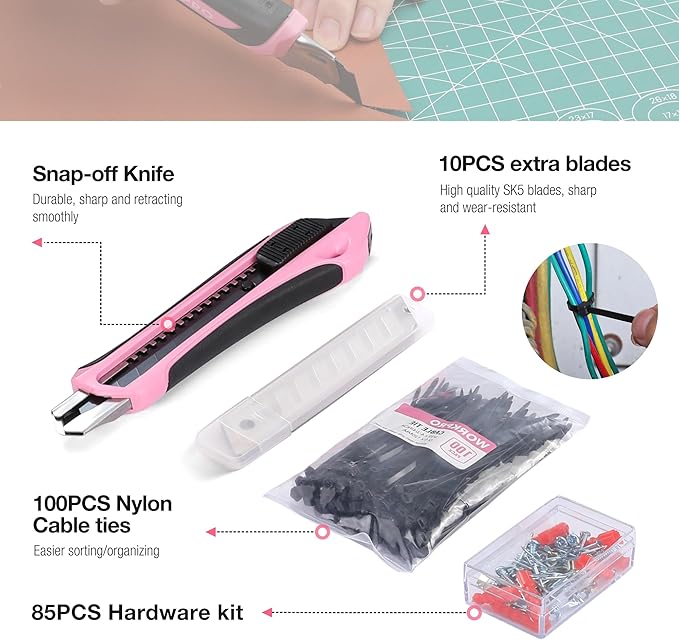 WORKPRO Pink Tool Set, 258 PCS Tool Kit for Women, Basic Household Tool Box with Hammer, Screwdriver Set, Portable Toolkit for Home Repair, New Apartment, House-Warming, DIY - Pink Ribbon