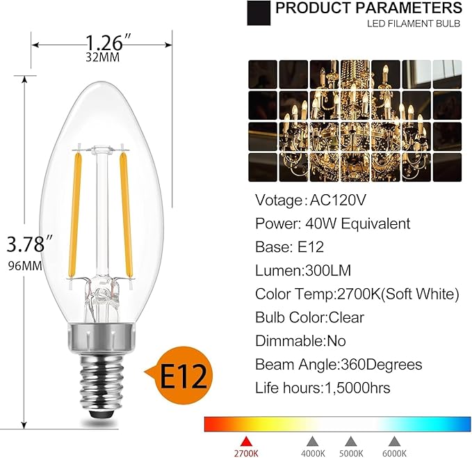Energetic E12 B10 LED Classic Candelabra Clear Light Bulb, 40 Watt Equivalent, Soft White 2700K, Filament Clear Glass, Non-Dimmable, UL Listed, Pack of 12