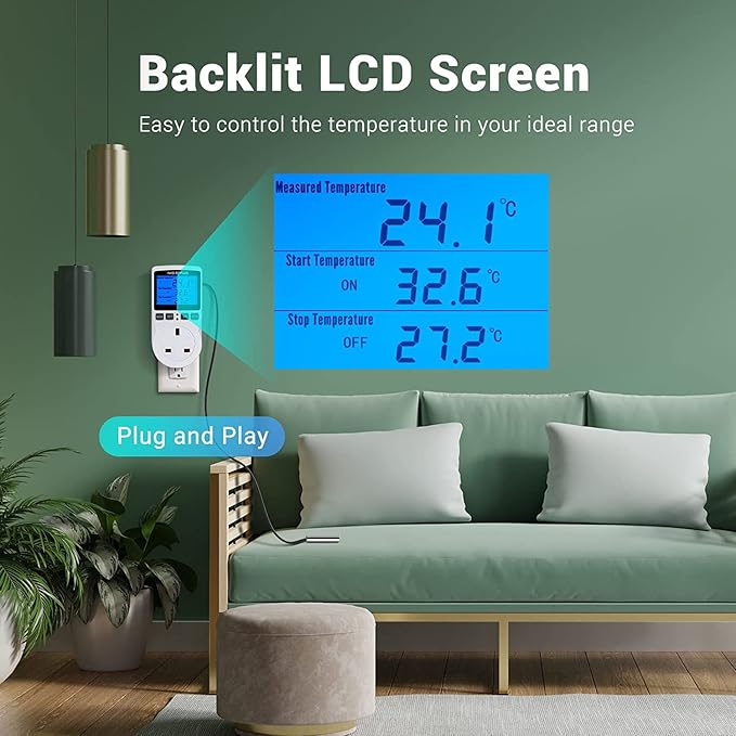 Backlit Digital Temperature Controller, LCD Screen Heating Cooling Thermostat Outlet Socket with Sensor Timer Regulator for Reptile Incubator Greenhouse Brewing Refrigerator, 120V, 15A, ℉/℃