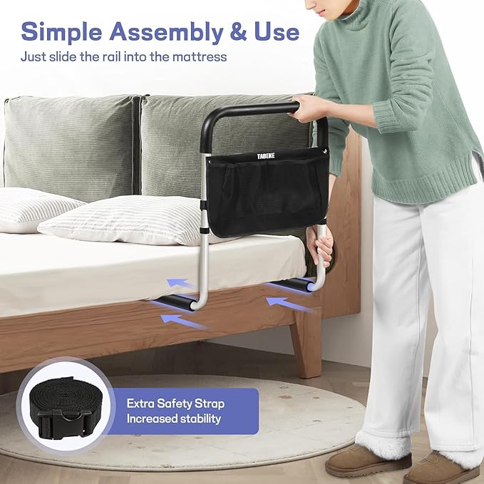 TABEKE Bed Rails for Elderly Adults Safety, Adjustable Senior Bed Assist Rail with Non-Slip Handle and Double Side Storage Pocket Fits King, Queen, Full, Twin Bed