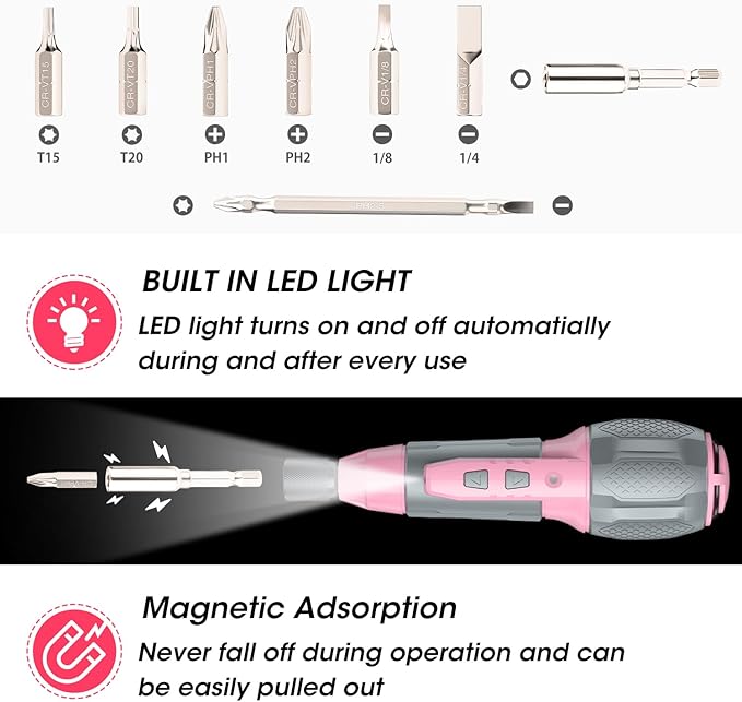 WORKPRO Electric Cordless Screwdriver Set - 4V USB Rechargeable Lithium-ion Battery Screwdriver Kit with LED Light - Small Screwdriver with 7pcs Bits for Home, Office, Apartment - Pink Ribbon