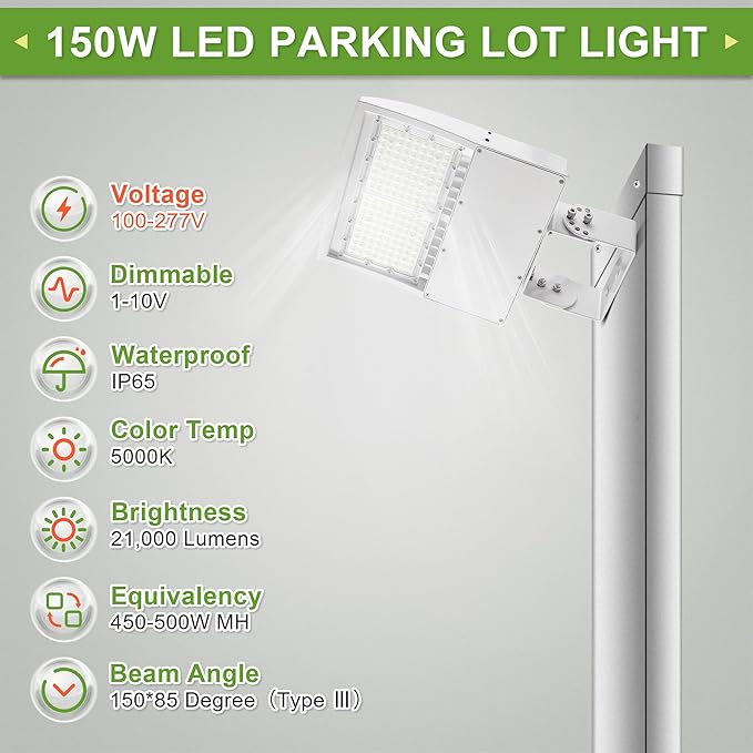 150W LED Shoebox Pole Light - White 5000K, 21000LM, Surge Protection, Outdoor Parking Lot & Street Lighting, Replaces 450W MH/HPS, 100-277V, Trunnion/Yoke Mount, DLC & UL Certified