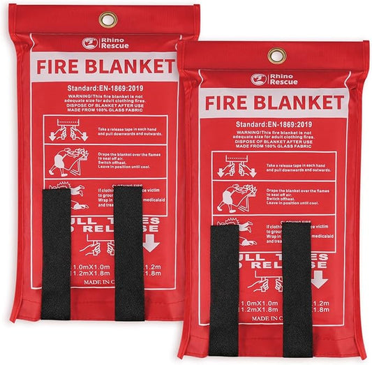 RHINO RESCUE Fire Blanket, 40''×40'' Fiberglass Emergency Fireproof Gear, Flame Retardant Protection for Home, Kitchen, Camping, Hiking, 2 Count