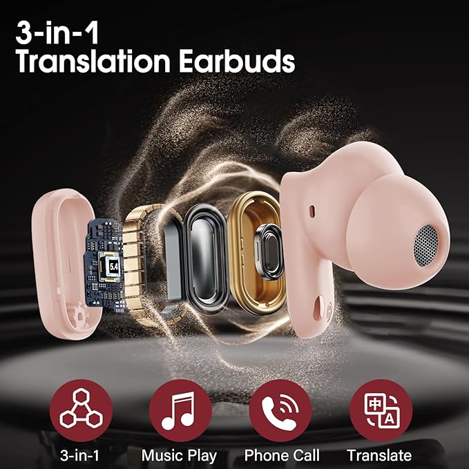 AI Language Translator Earbuds Real Time, 164 Language/6 Translation Modes Translator Earbuds 3-in-1 Translation Headphones, Bluetooth 5.4 Translation Device for Travel Business Learning, Pink