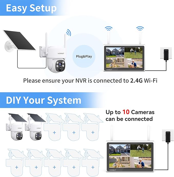 Solar Security Camera System Wireless Outdoor with 10CH 10" LCD Monitor NVR,2.5K 4MP 2PCS Dome PTZ Solar Camera for Home Security,Solar Powered Panel,Motion Record (500G HDD)