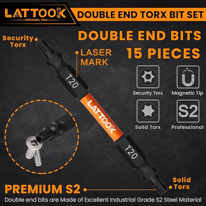 15-Piece Torx Bit Set, LATTOOK Double-ended Security Torx Bit Set Tamper Proof Star Bits, Magnetic S2 Steel, 3'' Long