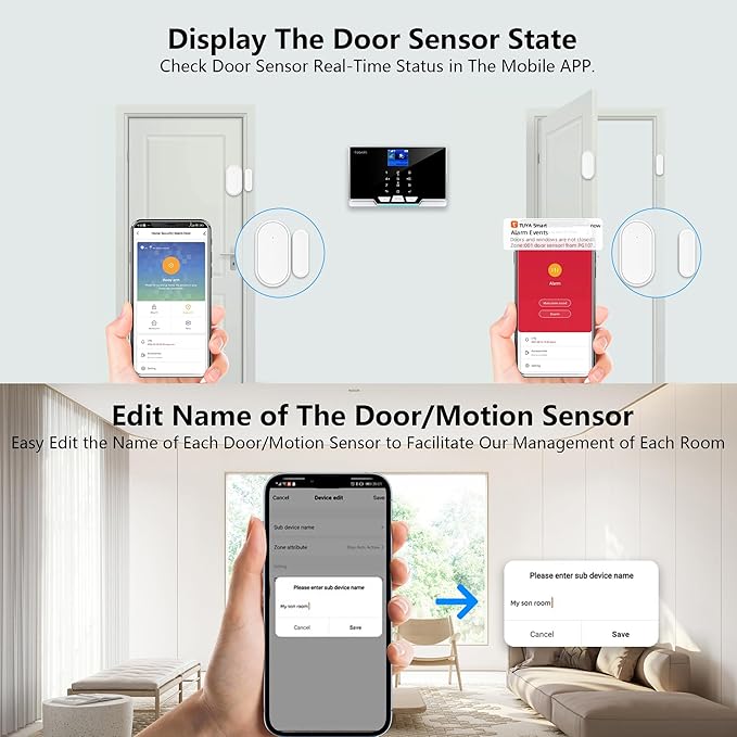 Alarm Security with Phone APP Alert,1.8" TFT Colorful Screen Smart Home Security System 12Pieces Kits,Monitor Sensor,Remote Controls,Compatible with Alexa and Assistant for Home Apartment Villa,Black
