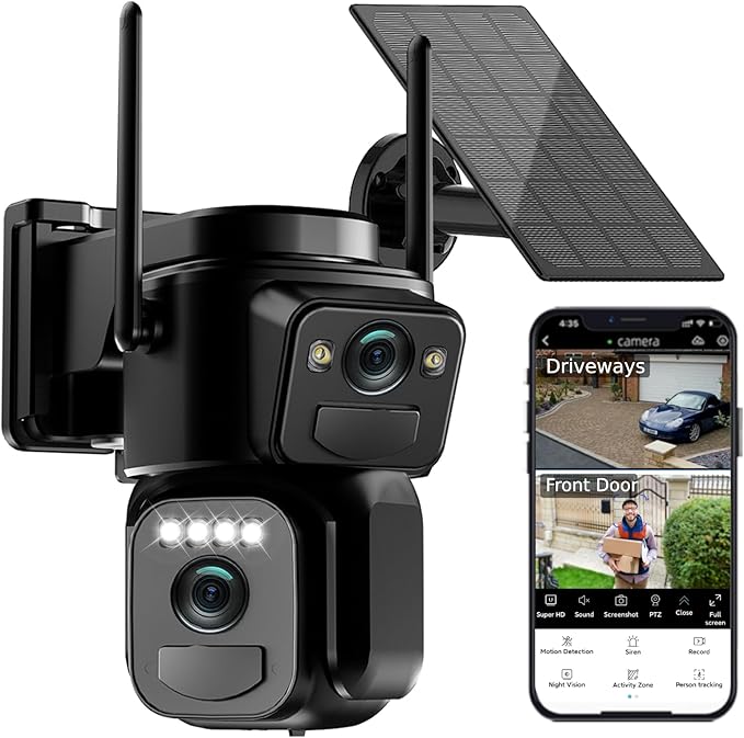 Uniter Dual Lens Solar Security Cameras Wireless Outdoor, 5G/2.4G WiFi 6, Panoramic & Tracking Cam 2-in-1, 6MP Color Night Vision/Motion Detection/Person Tracking/Spotlight Siren/PTZ/2-Way Audio