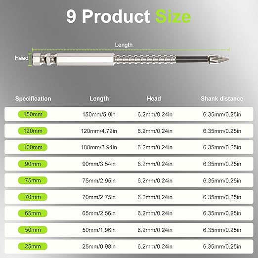 High Magnetic Screwdriver Drill Bit Set, 10Pcs K5 Impact Resistant Anti-Slip Magnetic Electric Screwdriver Set with Magnetic Ring, 25, 50, 65, 70, 75, 90, 100, 120, 150mm