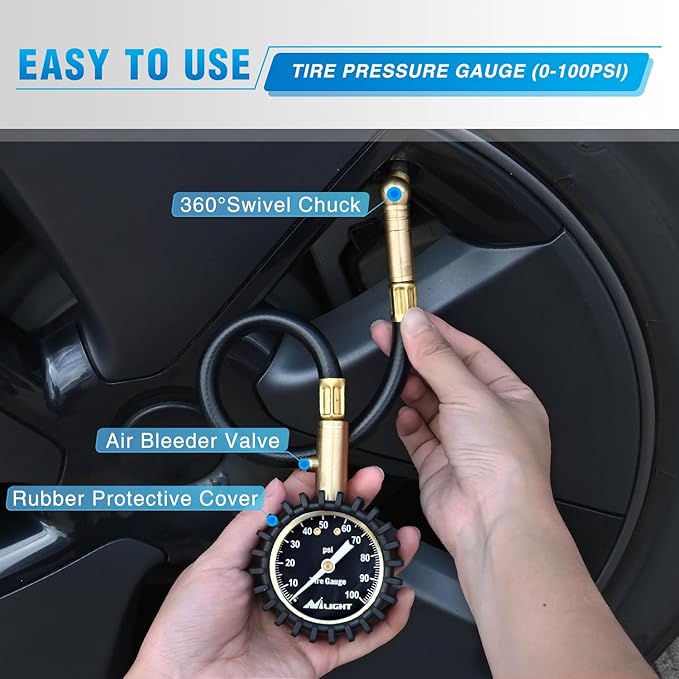 Nilight Tire Pressure Gauge 100PSI Heavy Duty Large 2" Glow Dial ANSI B40.1 Certified Air Chucks Accurate Reading with Extended Hose for Truck Semi Truck ATV Motorhome Cars & RV Accessories