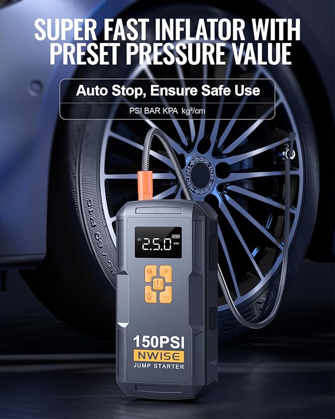 Portable Car Jump Starter with Air Compressor, 150PSI Jump Box Battery Pack with Digital Tire Inflator,12V Booster Pack with Large LCD Display, Emergency Light