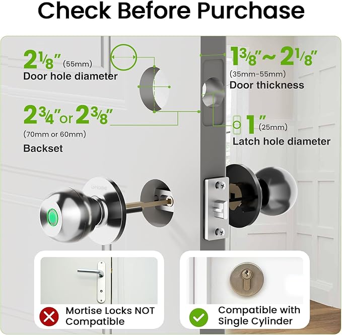 GHome Smart Fingerprint Door Lock, 3 in 1 Smart Fingerprint Door Knob with App Control & Key, Auto Lock, Biometric Door Knobs with Lock for Bedroom, Garage, Home & Office