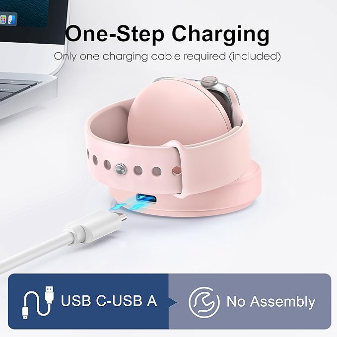 Portable Magnetic Charging Dock for Apple Watch, Wireless Fast Watch Charger Stand with Charging Cable, Support Nightstand Mode, Compatible with Apple Watch Series 10 9 8 7-Pink