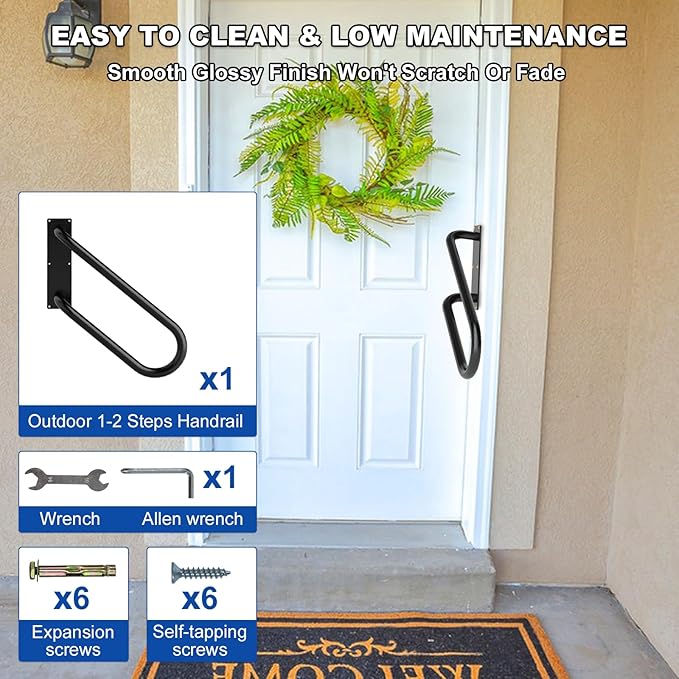 Jamb Mount Handrails for Outdoor Steps-1-2 Step Waterproof Stairs Railing-Powder Coated Side Mount Hand Rails for Indoor Stairs-Non-Slip Staircase Grab Rail for Deck/Porch/Mobile Home/Short Stairway