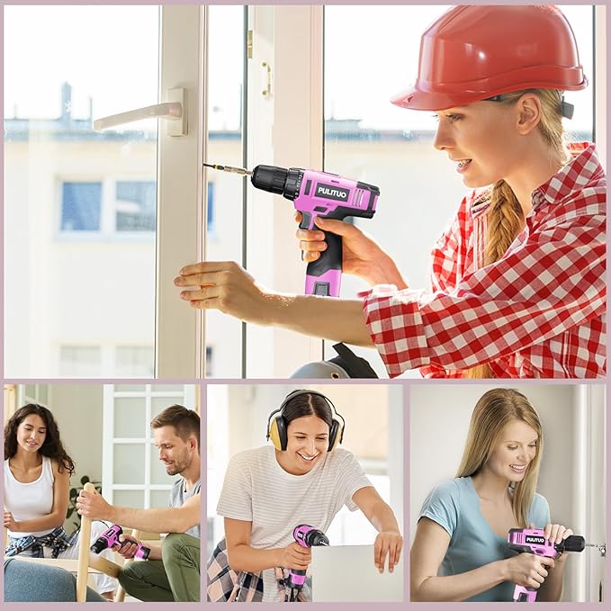 PULITUO 12V Pink Cordless Drill Set Power Drill Kit with Battery and Charger,electric drill home improvement,3/8-Inch Keyless Chuck,Built-in LED,21+1 Torque Setting small drill