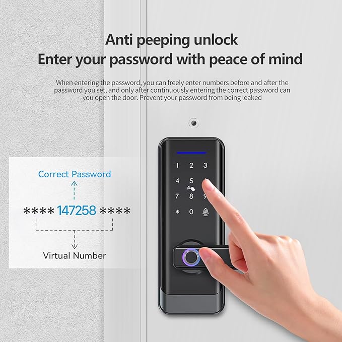 Smart Front Door Lock with Lever Handle, Keyless Entry Keypad Fingerprint Deadbolt, APP Control Biometric Electronic Digital Touchscreen Knob Set