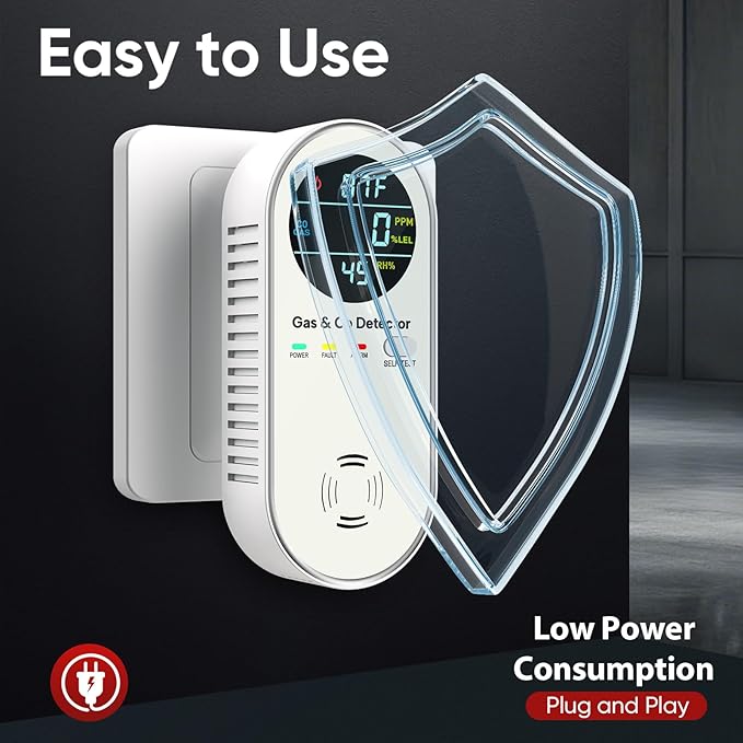 4-in-1 Upgraded Natural Gas Leak & Carbon Monoxide Detectors - Carbon Monoxide Detectors Plug in - Natural Gas, Propane, Co Detector, Temperature & Humidity Detectors for Home, RV (White)