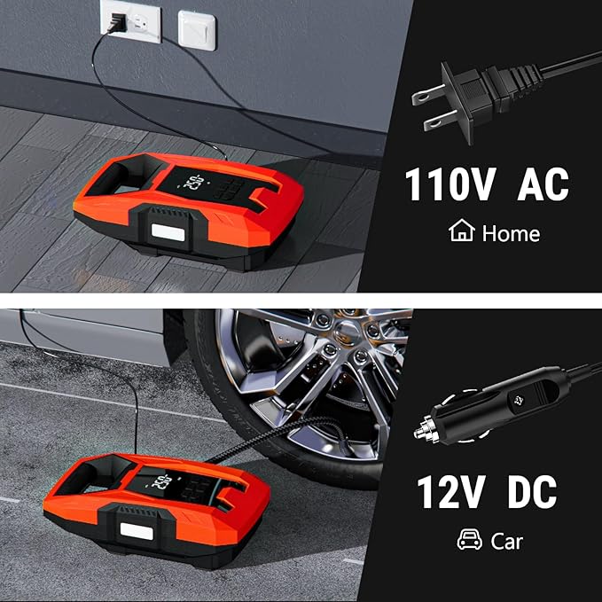 CARSUN AC/DC Tire Inflator Portable Air Compressor, Dual Power for Home 110V AC and Car 12V DC Air Pump with Pressure Gauge, Auto Shutoff, Tire Pump for Car Motorcycle Bike and Other Inflatables, Red