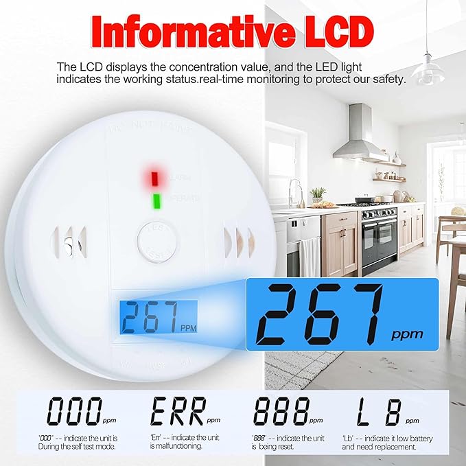 3 Pack Carbon Monoxide detectors,co Detector,Carbon Monoxide Alarm,co2 Detector Battery Powered with LCD Display,Carbon Monoxide Detector,UL2034 Standards,for Home