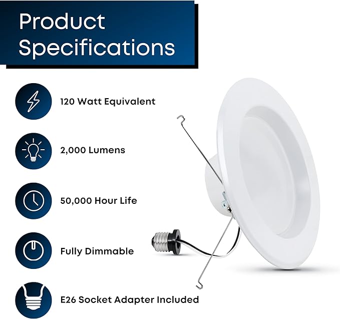 Feit Electric 5 Inch or 6 Inch LED Recessed Lighting Retrofit Downlights, 120 Watt Equivalent High Output, 2000 Lumen, 3000K Soft White, Dimmable, 6 Pack, LEDR56XHO/930CA/6