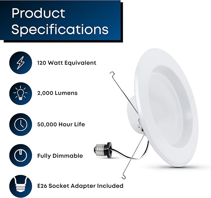 Feit Electric 5 Inch or 6 Inch LED Recessed Lighting Retrofit Downlights, 120 Watt Equivalent High Output, 2000 Lumen 5000K Daylight, Dimmable, 6 Pack LEDR56XHO/950CA/6