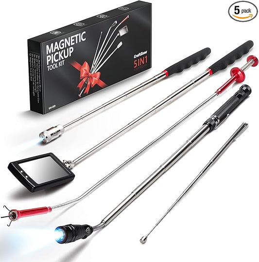 5-Piece Magnetic Pickup Tool Kit - Great Gift for Mechanics - Auto Repair & DIY - Find Nuts/Bolts/Screws - Includes 1lb & 10lb Telescoping Magnets - 360°Mirror & LED Light for Workshop Use