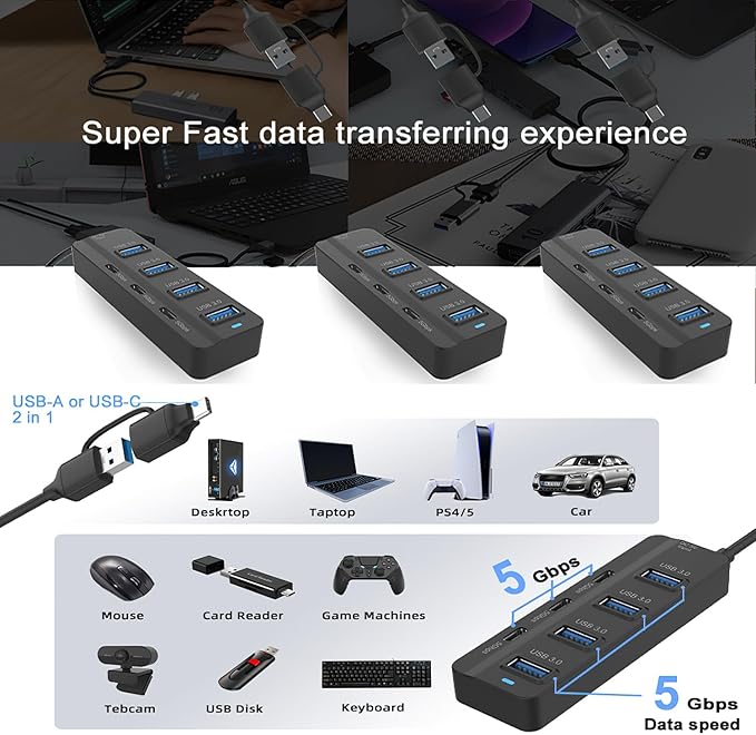 USB C Hub, 5Gbps 7 Ports USB 3.0, USB Hub with USB C Long Cable USB Splitter Multiport Adapter Compatible with Thunderbolt3/4,MacBook, iMac, Surface Pro