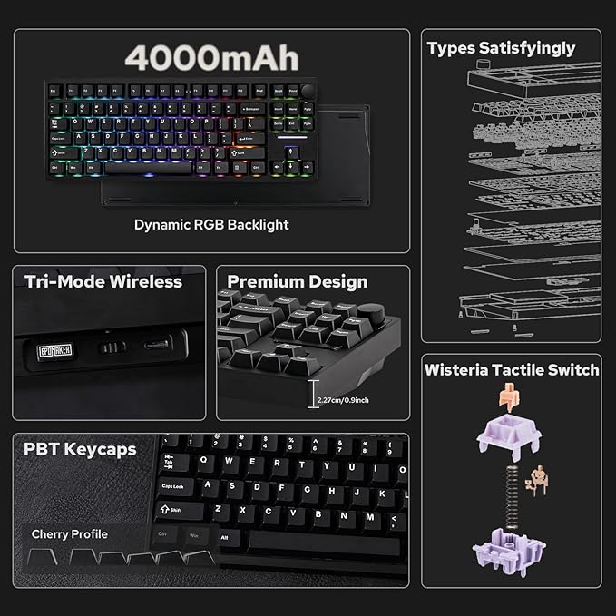 EPOMAKER P87 TKL Aluminum Wireless Gaming Keyboard, QMK/VIA Programmable, 87% Bluetooth/2.4Ghz/USB-C, with CNC Metal Knob and RGB Backlight (Black, Wisteria Tactile Switch)