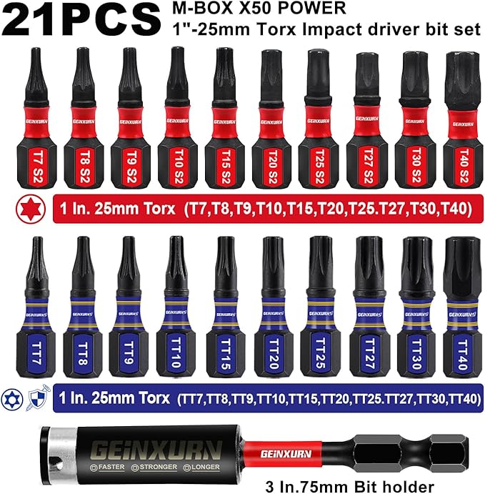 20Pieces 1 In. Impact Torx Screwdriver Bit Set (T7-TT40),Magnetic Multi-Torx Head Insert Bits, S2 Alloy Steel Security Star Bits with 1Pc Impact Bit Holder and Storage M-Box