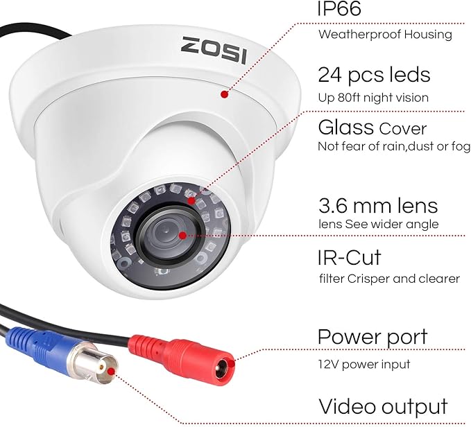 ZOSI 1000TVL CCTV Camera 24 IR LEDs Indoor Outdoor Day Night Vision 65ft Security Dome Color Camera for DVR Surveillance System (White)