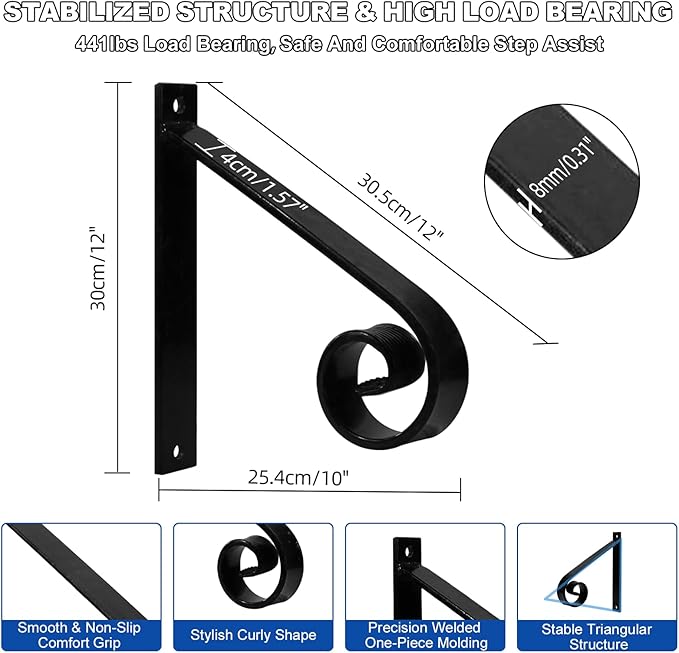 12inch Handrail for Outdoor Steps,1 Step Stair Handrails-Wall Mounted Wrought Iron Hand Railing-Powder Coated Carbon Steel-Metal Art Single Step Handrail-Step Grab Rail for Indoor Outdoor Stair Step