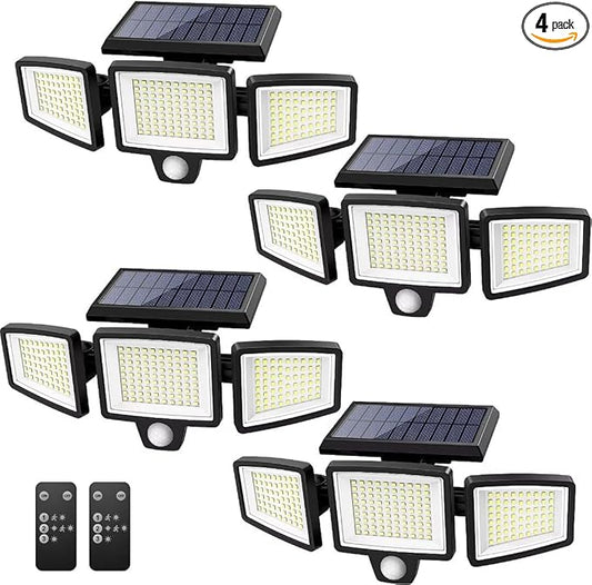 Tuffenough Solar Outdoor Lights 2500LM 210 LED Security Lights with Remote Control,3 Heads Motion Sensor Lights, IP65 Waterproof,270° Wide Angle Flood Wall Lights with 3 Modes(4 Packs)