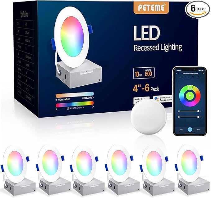 Peteme Smart LED Recessed Lighting 4 Inch, IC Rated ETL Certified Canless Recessed Ceiling Light RGBCW Color Changing Slim Downlight for Outdoor Soffit, Work with J-Box for Alexa, 10W 800LM 6Pcs