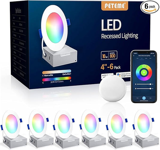 Peteme Smart LED Recessed Lighting 4 Inch, IC Rated ETL Certified Canless Recessed Ceiling Light RGBCW Color Changing Slim Downlight for Outdoor Soffit, Work with J-Box for Alexa, 10W 800LM 6Pcs