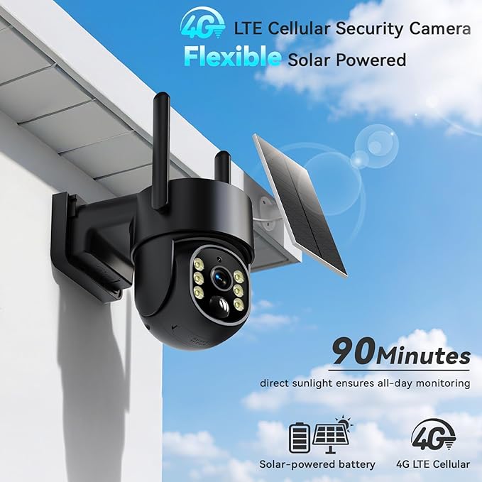 4G LTE Cellular Security Camera, Solar Powered Security Cameras Wireless Outdoor No WiFi Needed, with SIM Card, 2K Color Night Vision, Human Detection Alert, with 64G SD Card, 2-Way Audio, 360° View