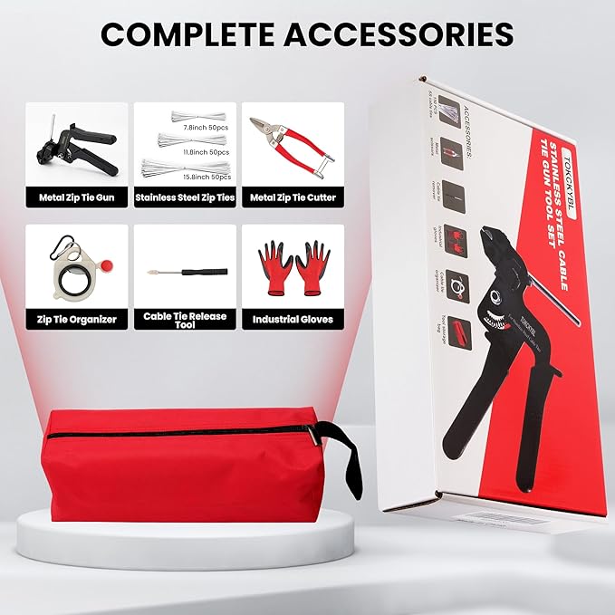 Stainless Steel Cable Tie Gun Set – Heavy Duty Metal Zip Tie Tool Kit with 150PCS Self-Locking Ties, Adjustable Fastening & Cutting Tool for Outdoor Fencing, Exhaust Pipes, Automotive (Black)