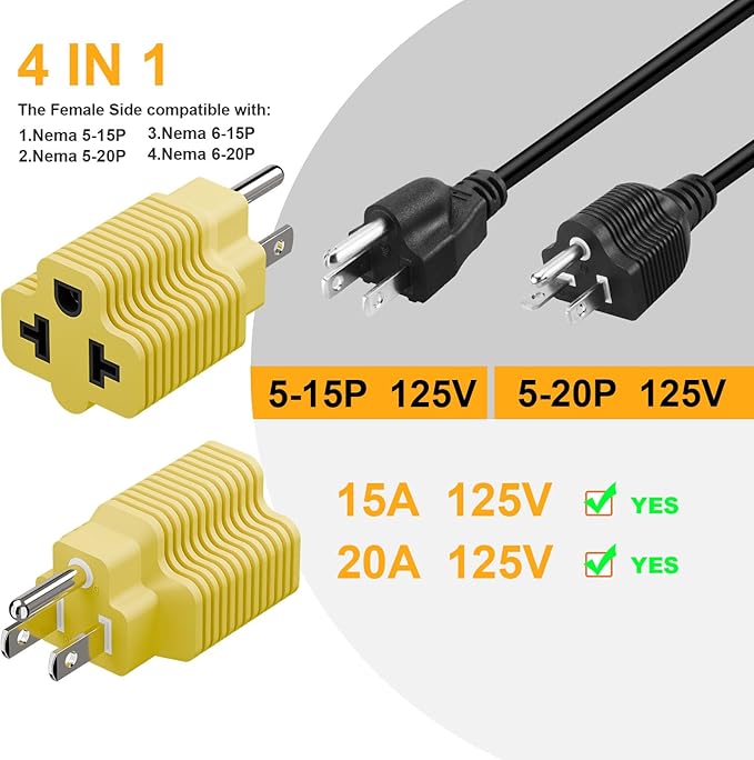 4-in-1 15 Amp to 20 Amp T Blade Adapter, 5-15P to 5-20R, 6-15R, 6-20R, Yellow, 2 Pack